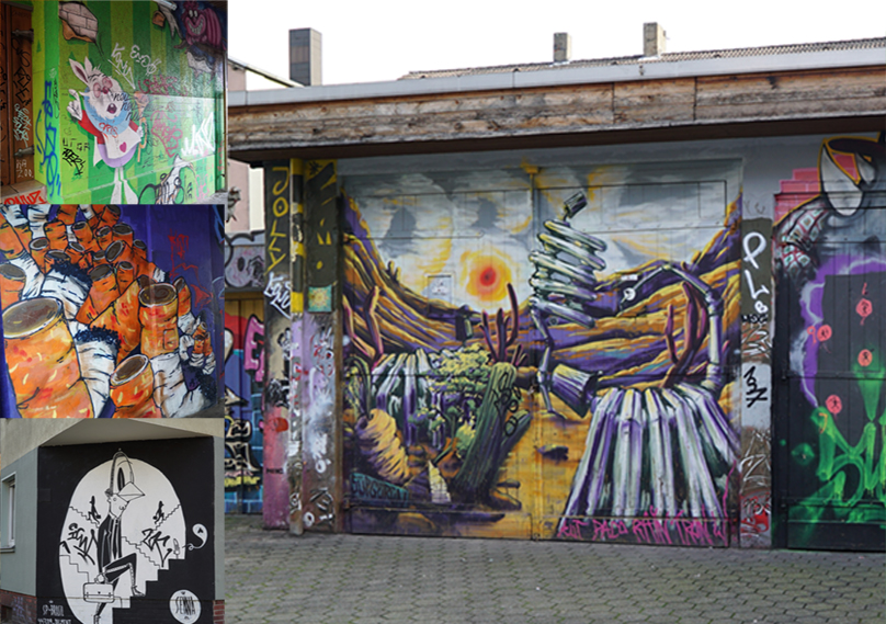 Verschiedene Kunstwerke an Häuserwänden. Verschiedene Kunstwerke an Häuserwänden.
