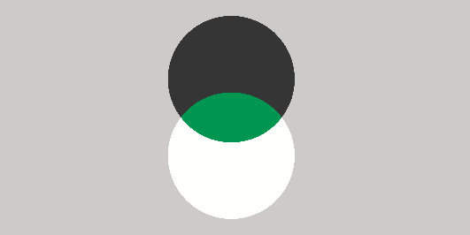 Das Bild zeigt zwei farbige Kreise. Ein Kreis ist in schwarz, der andere ist weiß. Beide Kreise überschneiden sich in der Mitte. Die Schnittläche ist grün.